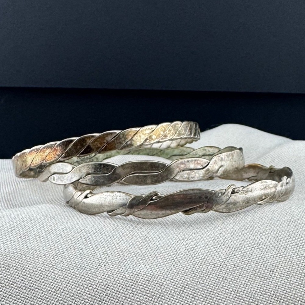 Vintage Taxco Mexico Bangle Bracelets Silver Tone Twisted Rope Set 3 Pieces
